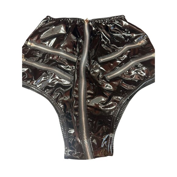 FEOYA Shiny Latex Wet Look Booty Shorts High Waisted Zipper Crotch Cheek Small - Picture 3 of 4